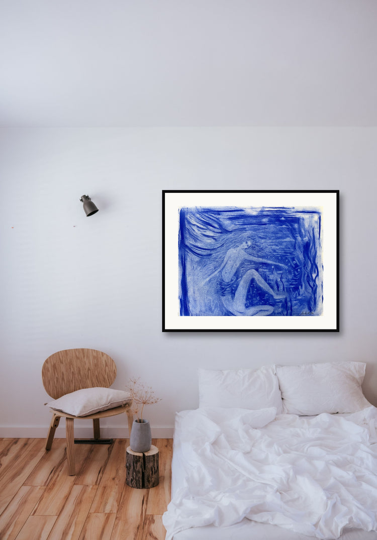She Dreams in Blue — original blue pigment drawing in a bedroom