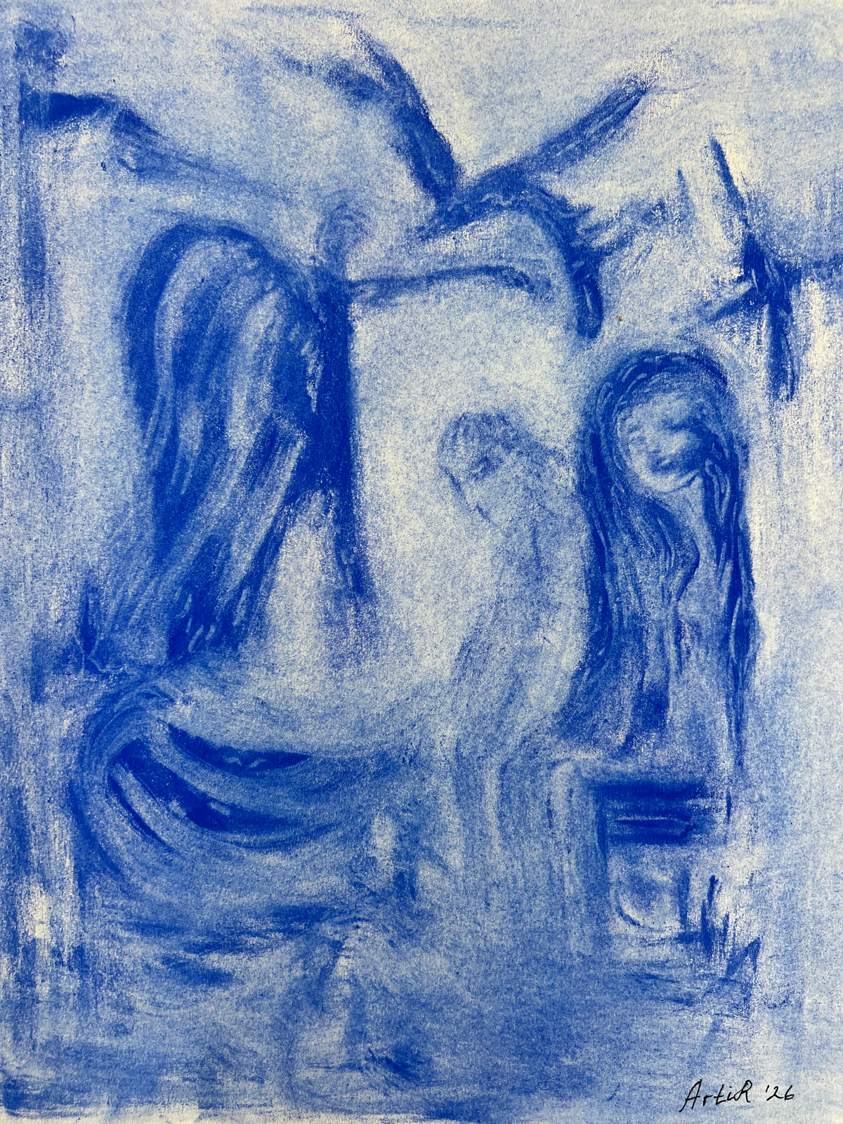 She Learns to Navigate the Spirit World — original Moroccan blue pigment drawing by ArtiR, signed (full view)