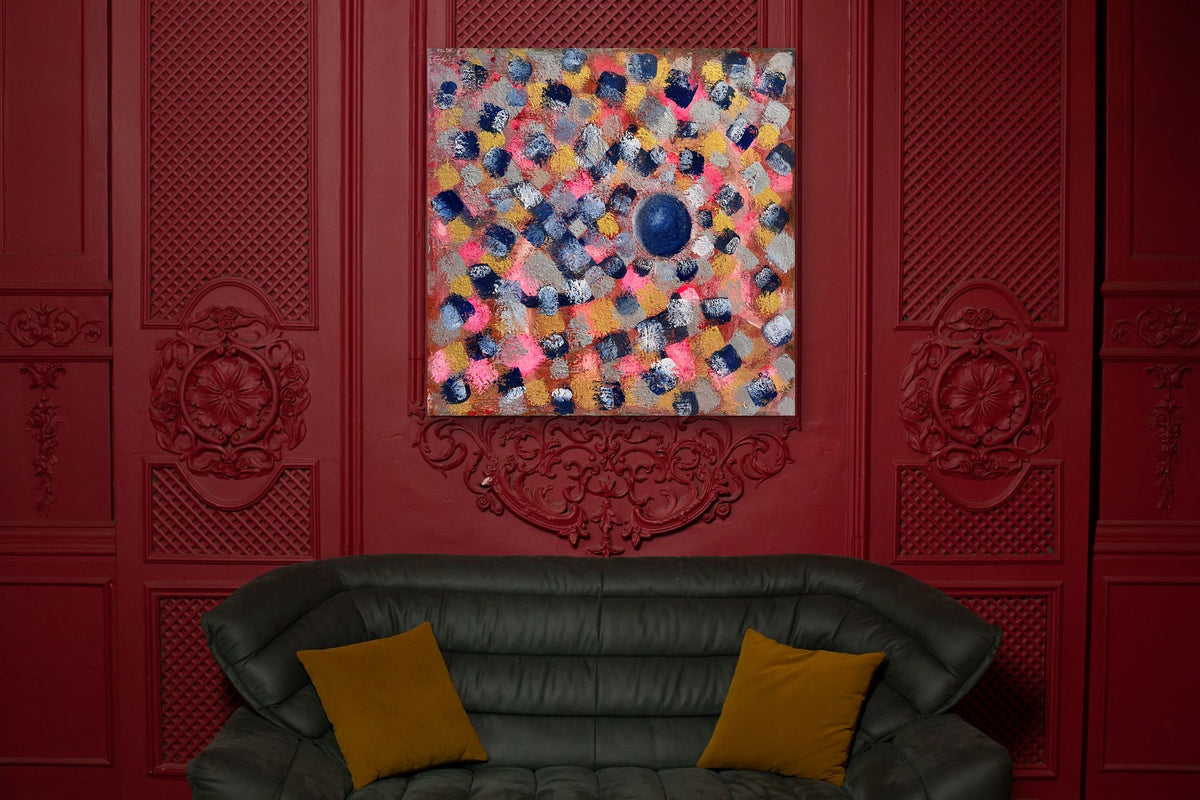 Blue Pearl — room preview on a deep red wall (preview only)