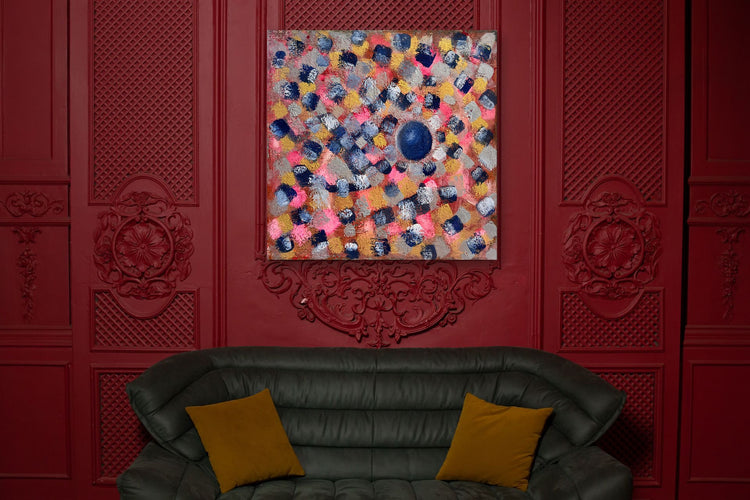 Blue Pearl — room preview on a deep red wall (preview only)