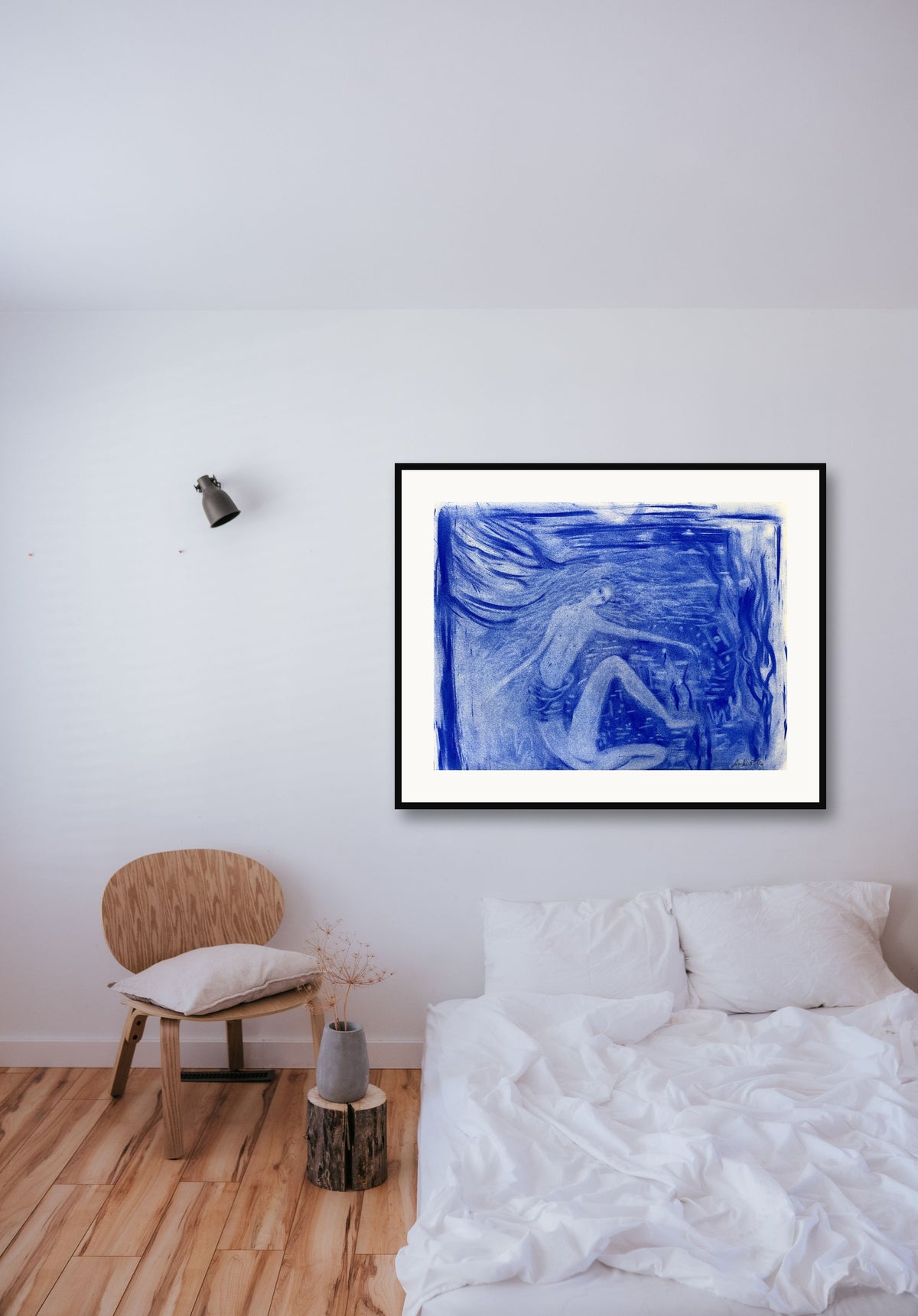 She Dreams in Blue — original blue pigment drawing in a bedroom