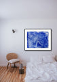 She Dreams in Blue — original blue pigment drawing in a bedroom
