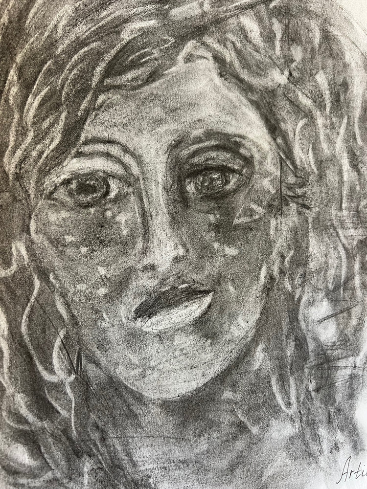 The Face After the Fire — close-up detail of the ash drawing, signature detail