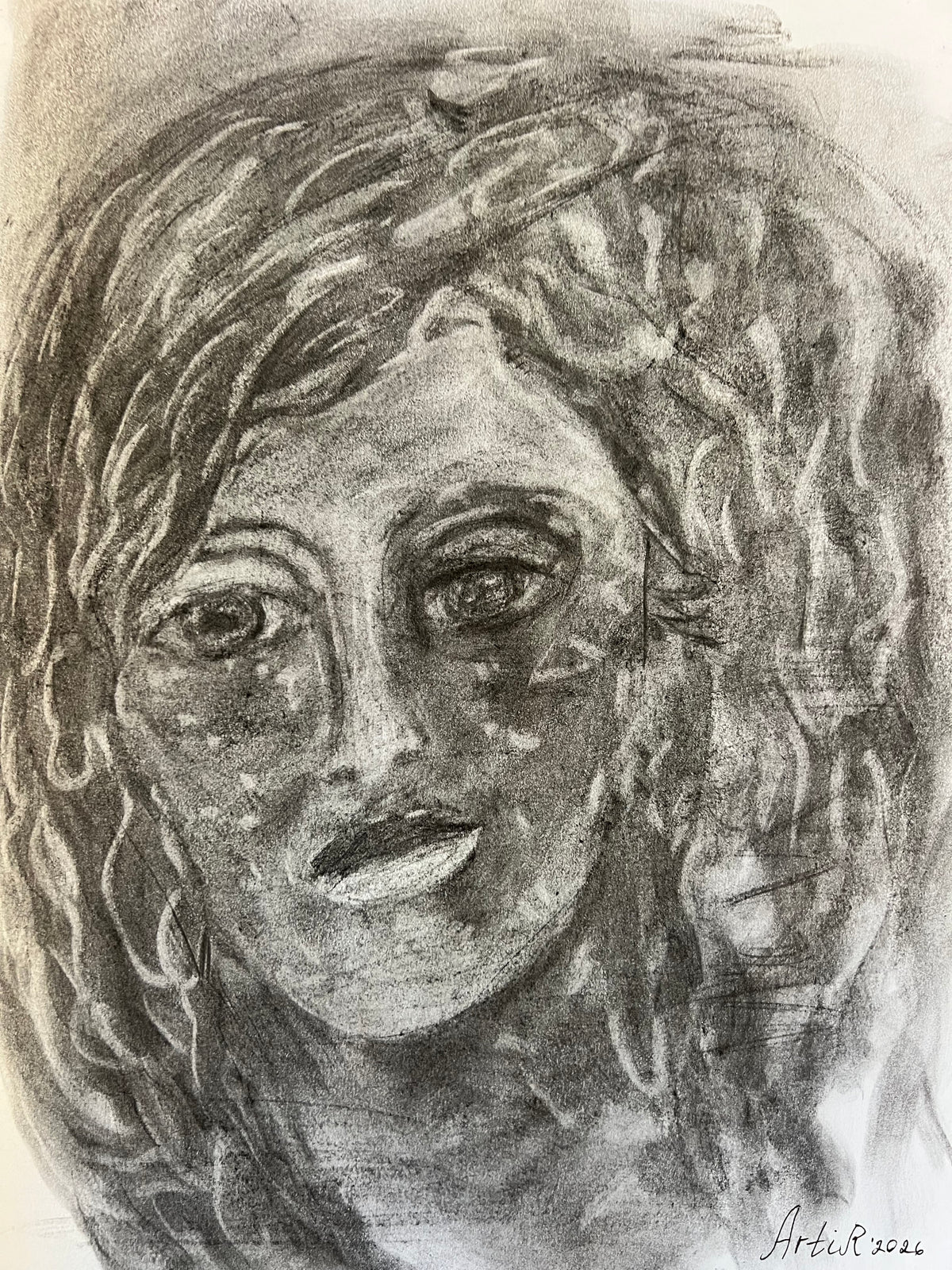 The Face After the Fire — original ash drawing by ArtiR, signed ArtiR 2026