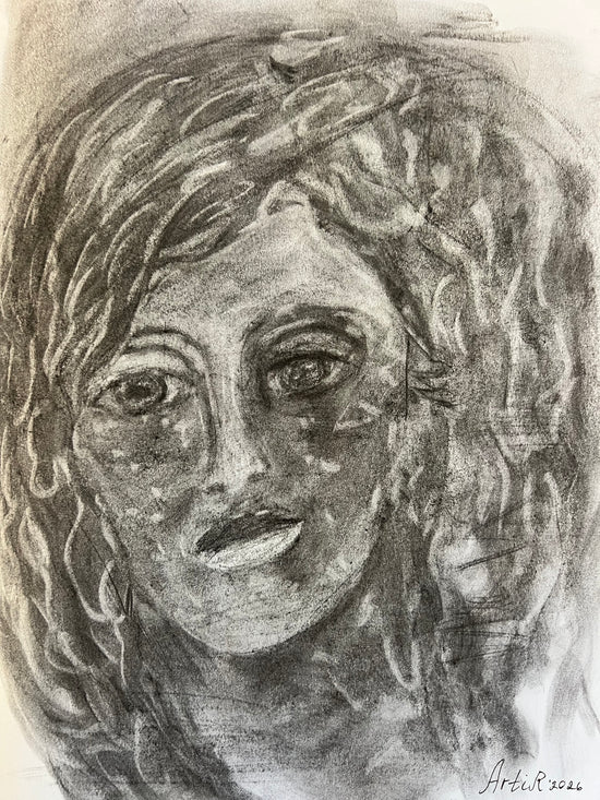 The Face After the Fire — original ash drawing by ArtiR, signed ArtiR 2026