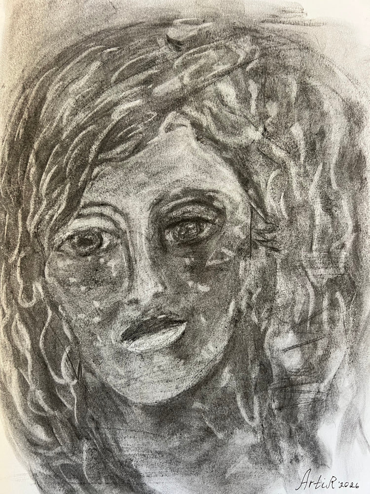 The Face After the Fire — original ash drawing by ArtiR, signed ArtiR 2026