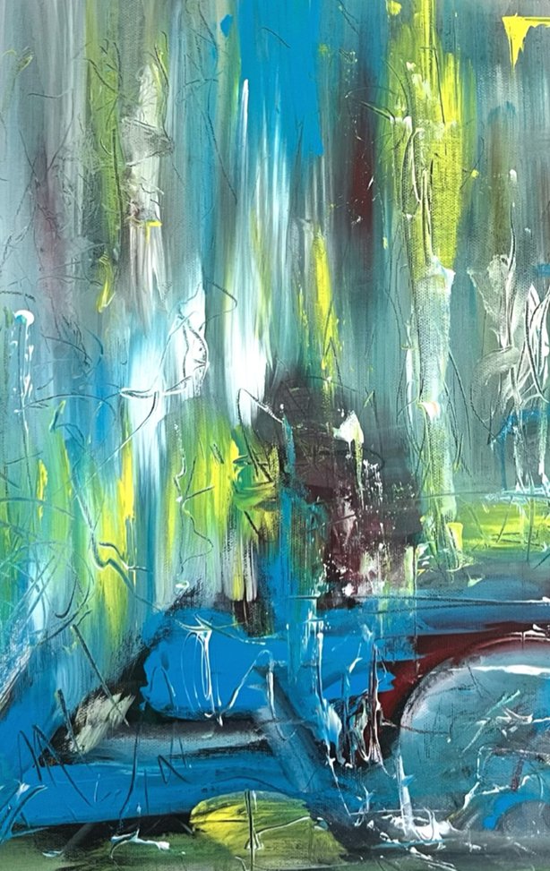 Beginnings — original acrylic painting by Malibu artist ArtiR — close-up detail