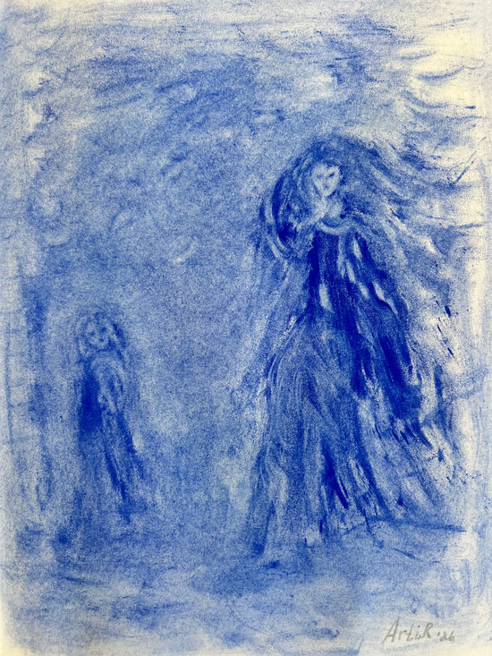 She Meets Herself — original Moroccan blue pigment drawing, signed