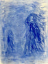 She Meets Herself — original Moroccan blue pigment drawing, signed