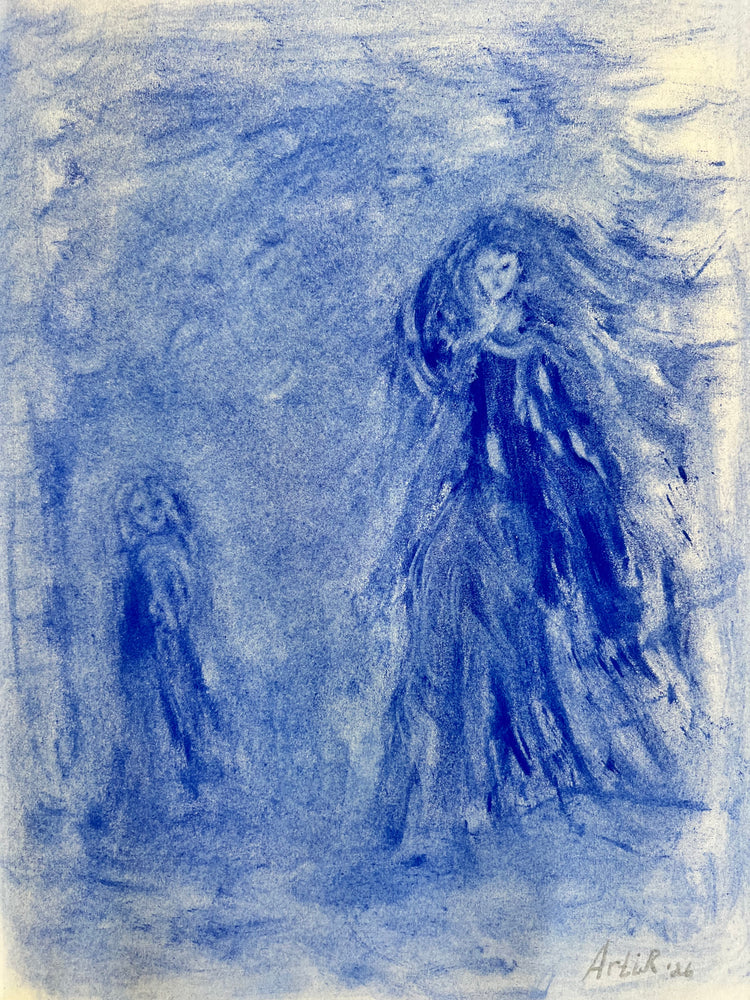 She Meets Herself — original Moroccan blue pigment drawing, signed