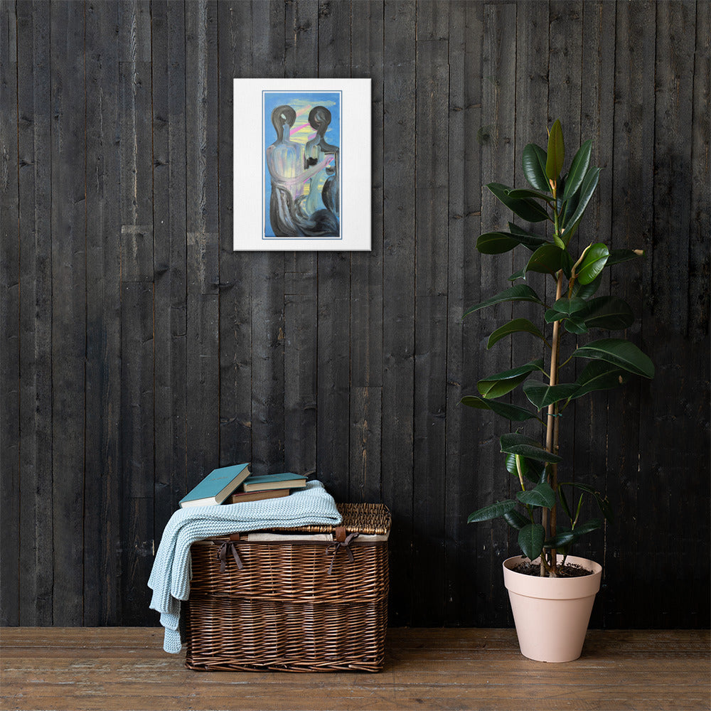 Twin Flames canvas print hanging on a dark wood wall